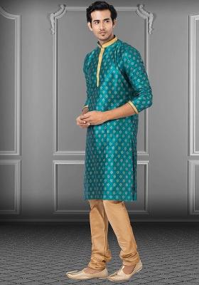 Teal Blue Solid Silk Kurta Set For Men