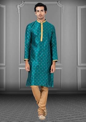 Teal Blue Solid Silk Kurta Set For Men