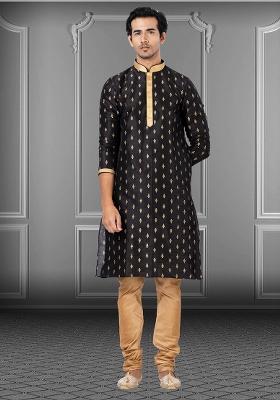Black Solid Silk Kurta Set For Men