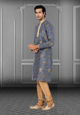 Grey Solid Jacquard Kurta Set For Men