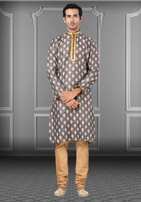 Brown Solid Jacquard Kurta Set For Men
