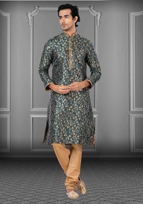 Green Solid Jacquard Kurta Set For Men