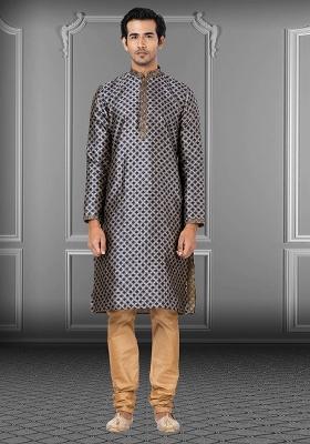 Grey Solid Jacquard Kurta Set For Men