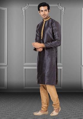 Blue Solid Jacquard Kurta Set For Men