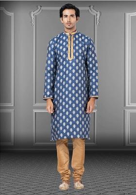 Multi Solid Art Silk Kurta Set For Men