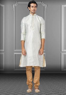 White Solid Jacquard Kurta Set For Men