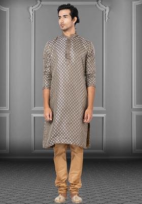 Dark Grey Solid Jacquard Kurta Set For Men