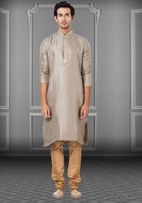Grey Solid Jacquard Kurta Set For Men