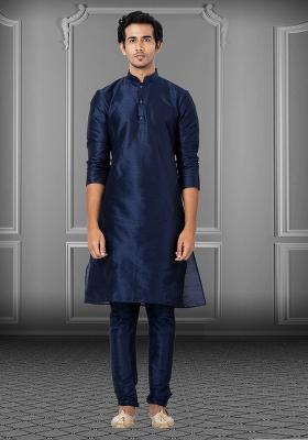 Navy Blue Solid Silk Kurta Set For Men