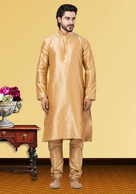 Gold Solid Silk Kurta Set For Men