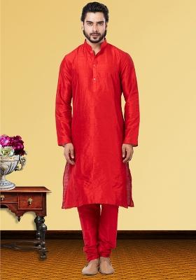 Red Solid Silk Kurta Set For Men