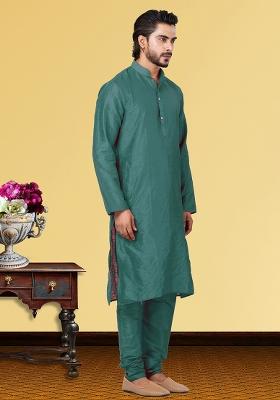 Sea Green Solid Silk Kurta Set For Men