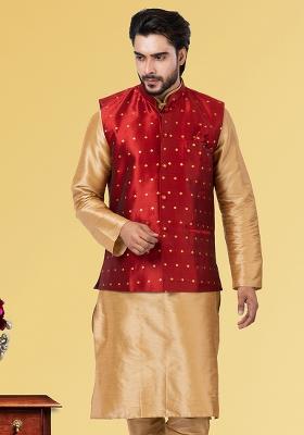 Red Embroidered Mulberry Silk Nehru Jacket For Men