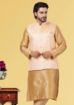 Pink Embroidered Poly Blend Nehru Jacket For Men