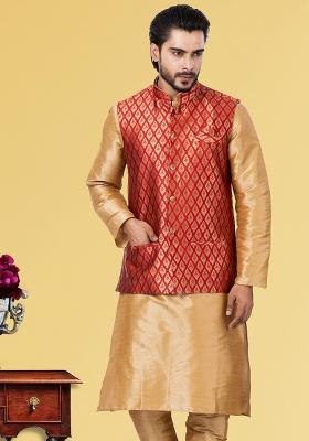 Red Embroidered Jacquard Nehru Jacket For Men