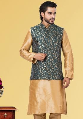 Bottle Green Embroidered Jacquard Nehru Jacket For Men