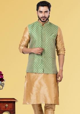 Green Embroidered Jacquard Nehru Jacket For Men
