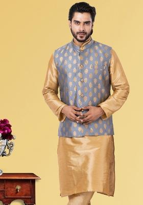 Grey Embroidered Jacquard Nehru Jacket For Men