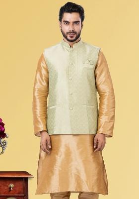 Pista Green Embroidered Jacquard Nehru Jacket For Men