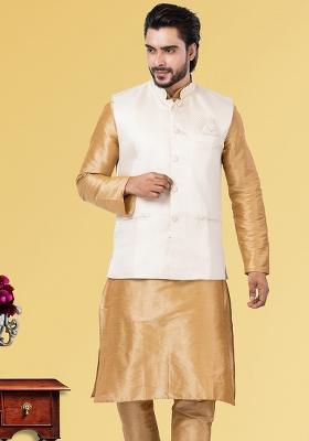 White Embroidered Poly Blend Nehru Jacket For Men