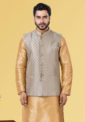 Grey Embroidered Jacquard Nehru Jacket For Men