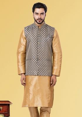Dark Grey Embroidered Jacquard Nehru Jacket For Men