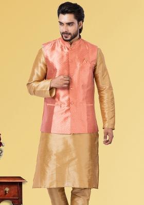 Pink Embroidered Jacquard Nehru Jacket For Men