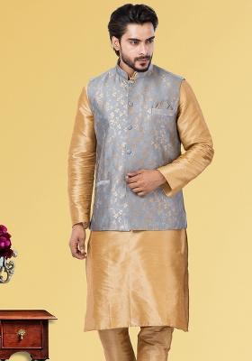 Grey Embroidered Jacquard Nehru Jacket For Men