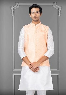 Peach Embroidered Silk Nehru Jacket For Men