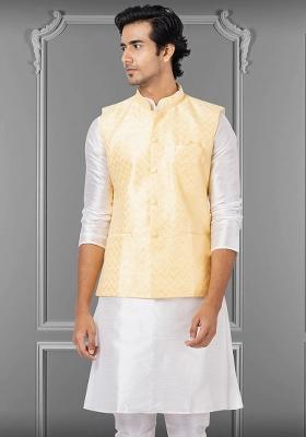 Light Yellow Embroidered Silk Nehru Jacket For Men