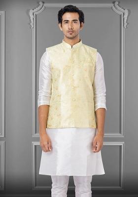 Light Yellow Embroidered Silk Nehru Jacket For Men