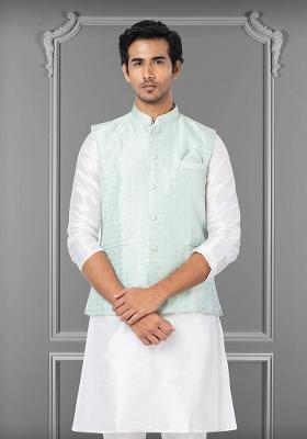 Sky Blue Embroidered Jacquard Nehru Jacket For Men