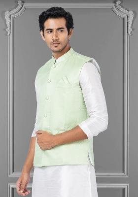 Light Green Embroidered Poly Blend Nehru Jacket For Men