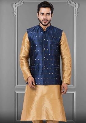 Navy Blue Embroidered Mulberry Silk Nehru Jacket For Men