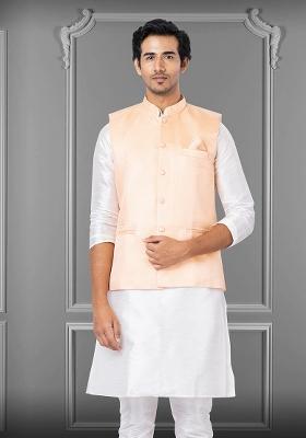Peach Embroidered Silk Nehru Jacket For Men
