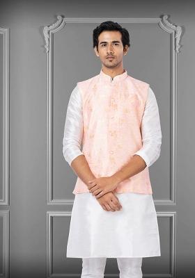 Pink Embroidered Silk Nehru Jacket For Men