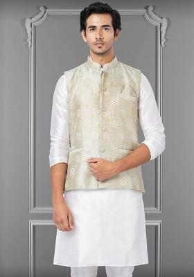 Pista Green Embroidered Jacquard Nehru Jacket For Men