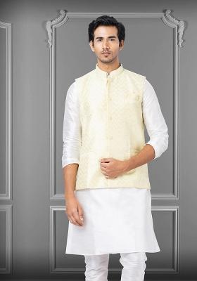 Light Yellow Embroidered Silk Nehru Jacket For Men