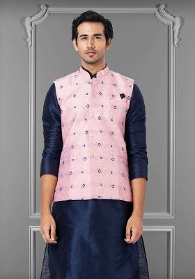 Pink Embroidered Jacquard Nehru Jacket For Men