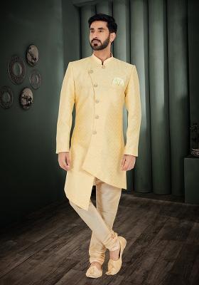 Yellow Printed Jacquard Indowestern Sherwani Set For Men