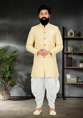Yellow Printed Jacquard Indowestern Sherwani Set For Men