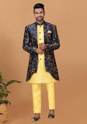 Yellow Printed Silk Indowestern Sherwani Set For Men