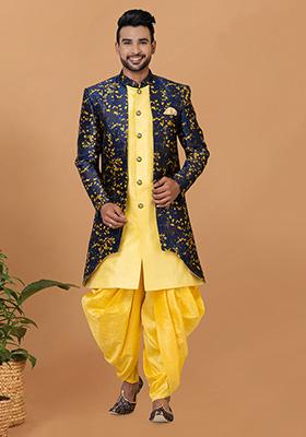 Yellow Printed Silk Indowestern Sherwani Set For Men