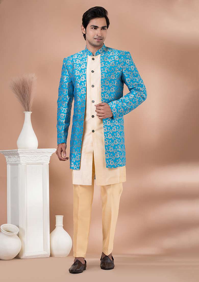 Sky Blue Printed Jacquard Indowestern Sherwani Set For Men - Indya