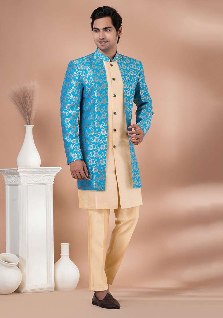 Sky Blue Printed Jacquard Indowestern Sherwani Set For Men - Indya