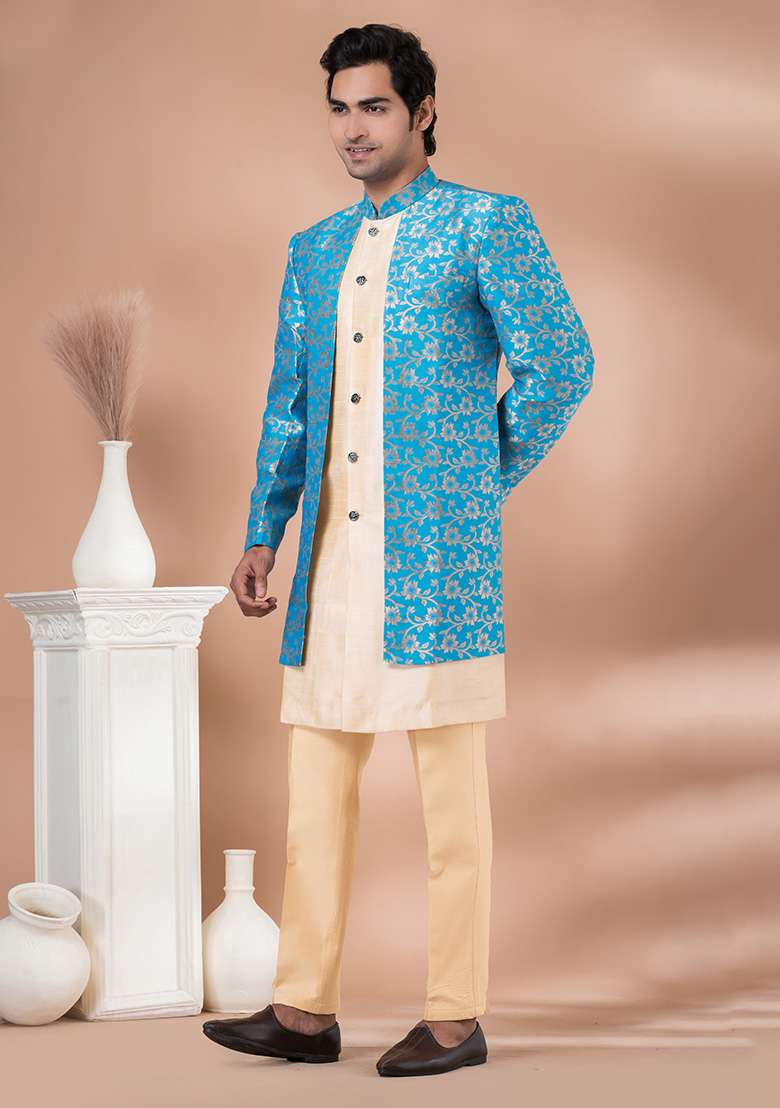 Sky Blue Printed Jacquard Indowestern Sherwani Set For Men - Indya