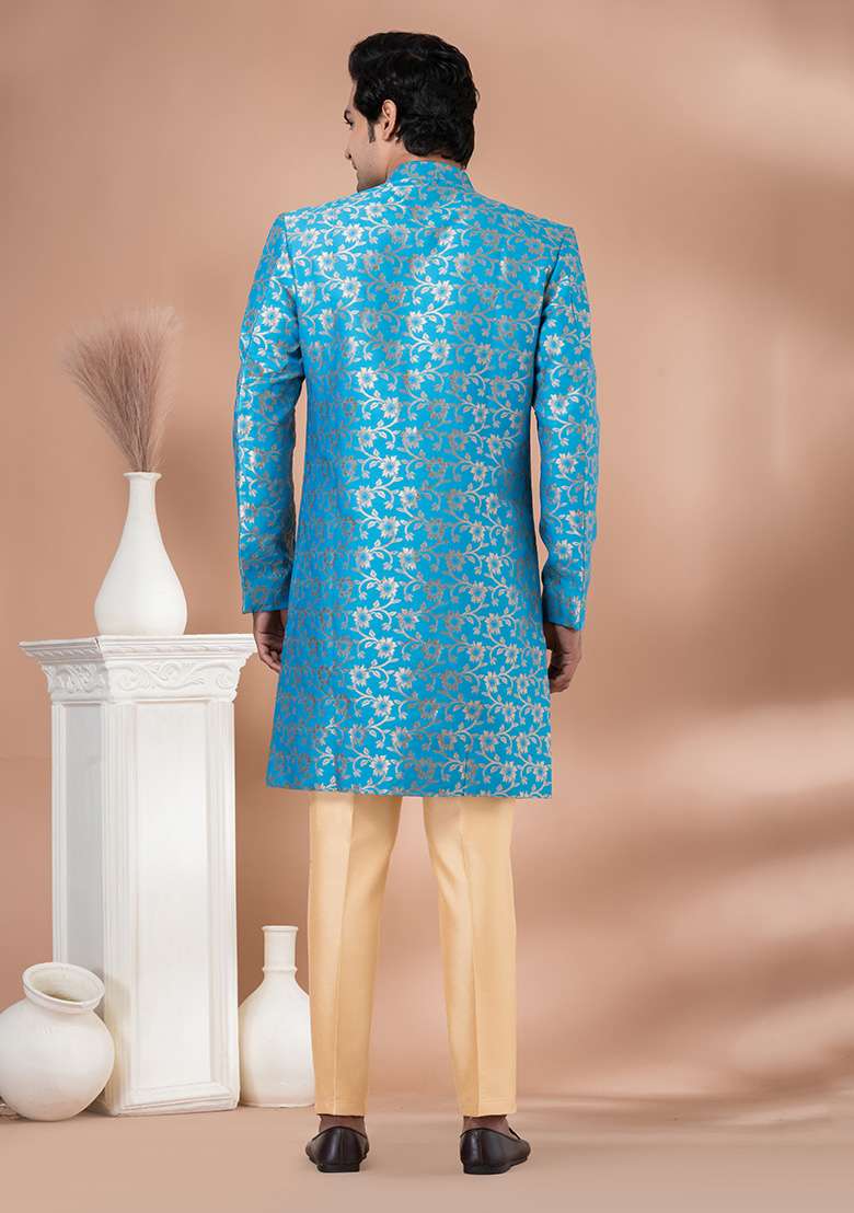 Sky Blue Printed Jacquard Indowestern Sherwani Set For Men - Indya