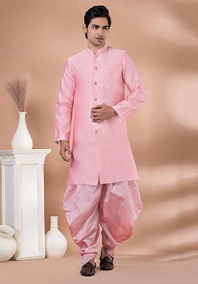 Pink Printed Banarasi Silk Blend Indowestern Sherwani Set For Men