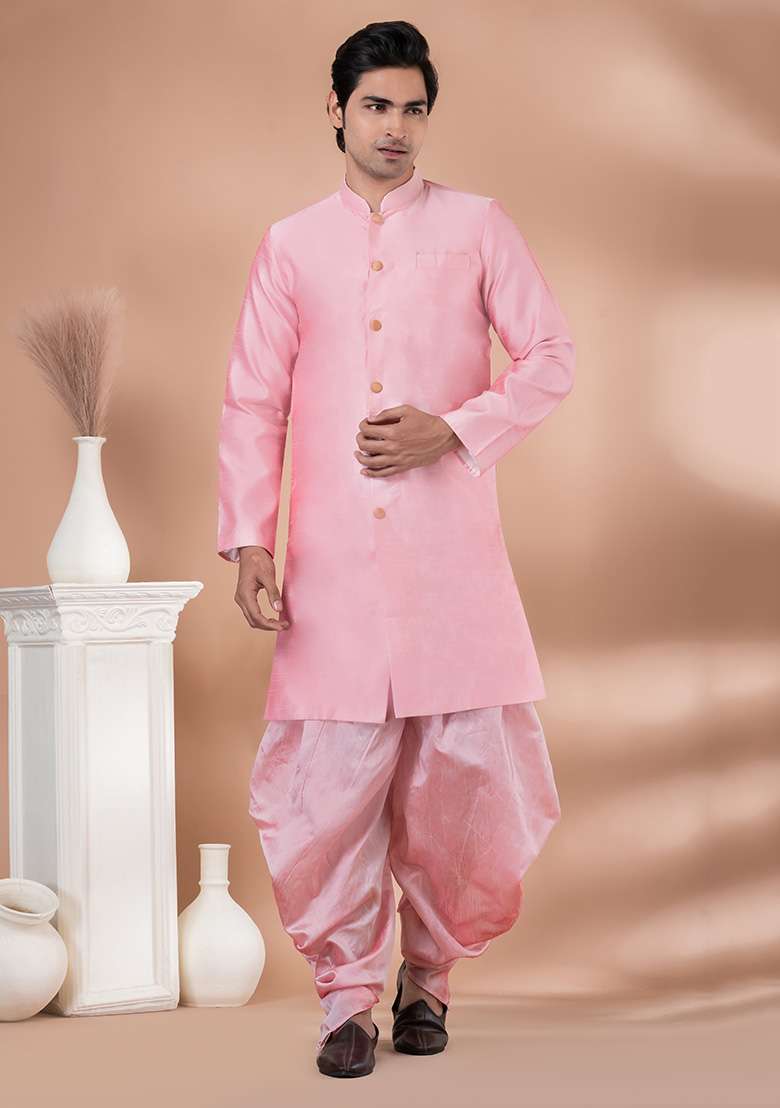 Pink Printed Banarasi Silk Blend Indowestern Sherwani Set For Men - Indya
