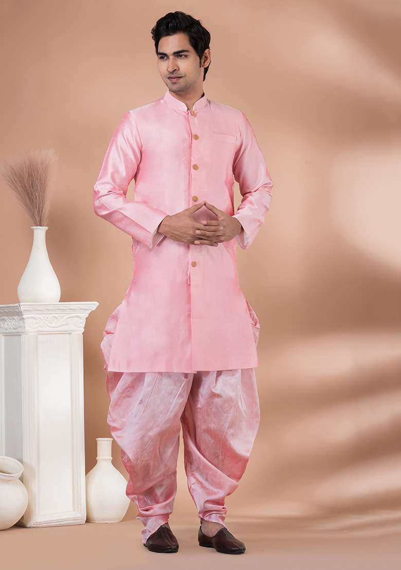Pink Printed Banarasi Silk Blend Indowestern Sherwani Set For Men - Indya